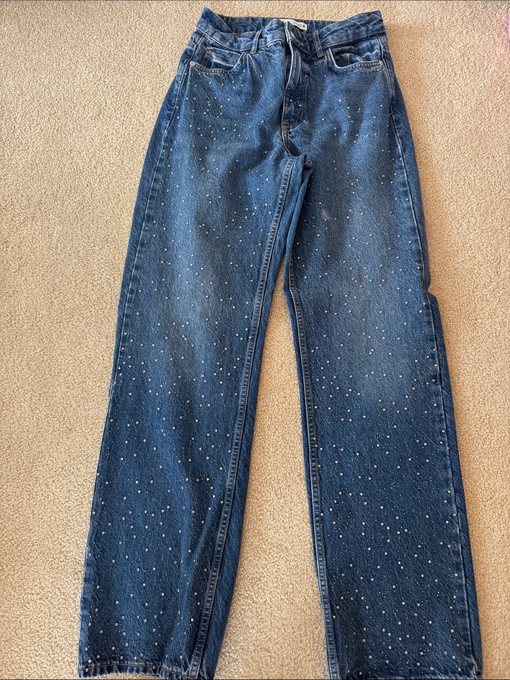 Zara Blue Straight-Leg Jeans with Silver Stud Detailing